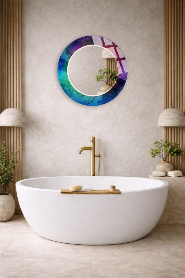 HEM TABLO HEM AYNA MOR MAVİ RENKLİ DESEN CAM DUVAR AYNASI EV DEKORU