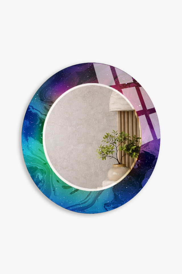 HEM TABLO HEM AYNA MOR MAVİ RENKLİ DESEN CAM DUVAR AYNASI EV DEKORU