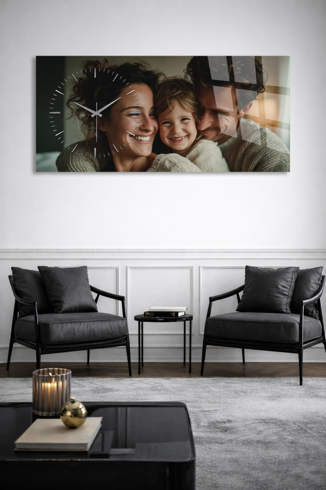 KİŞİYE ÖZEL MODERN DİKDÖRTGEN KIRILMAZ CAM SAAT LOGO BASKI, ÖZEL FOTOĞRAF BASKI EV HEDİYESİ SAAT
