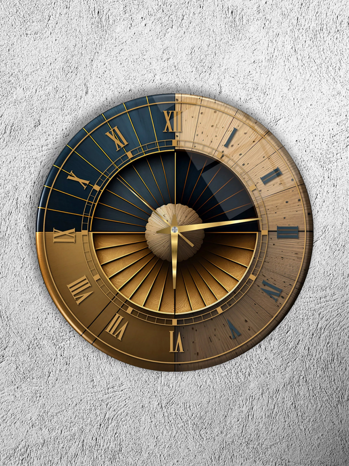 KIRILMAZ CAM DUVAR SAATİ, HEM TABLO HEM SAAT AHŞAP VE GOLD GEOMETRİK MODERN EV OFİS HEDİYESİ