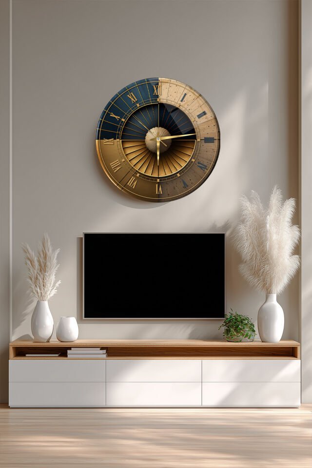 KIRILMAZ CAM DUVAR SAATİ, HEM TABLO HEM SAAT AHŞAP VE GOLD GEOMETRİK MODERN EV OFİS HEDİYESİ