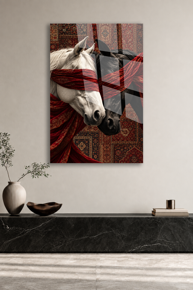 BEYAZ SİYAH AT KIRMIZI KADİFE EŞARPLI DESENLİ CAM TABLO SALON DEKORU