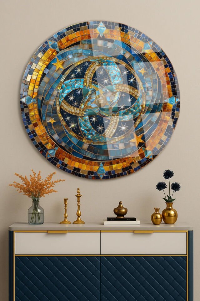 Gece Gökyüzü Esintili Mozaik Taş Yuvarlak Kırılmaz Cam Tablo Modern Tablo Ev Hediyesi Tablo Turuncu