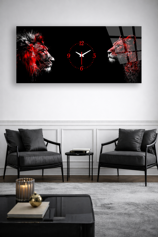 KIRILMAZ CAM DUVAR SAATİ , HEM TABLO HEM SAAT ASLAN FİGÜRLÜ GÜÇLÜ TASARIM EV OFİS HEDİYESİ