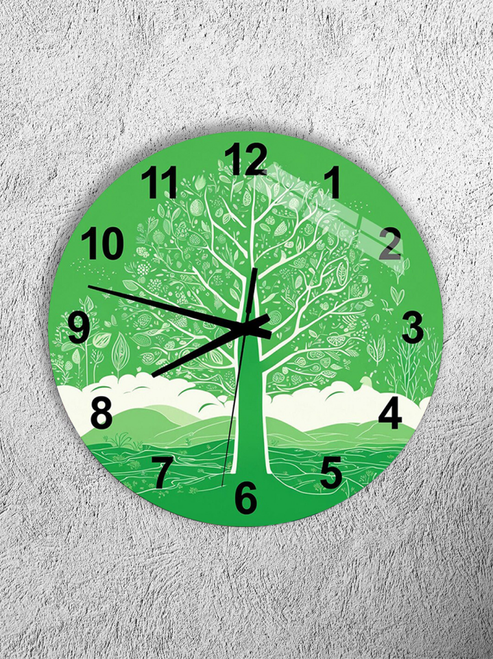 KIRILMAZ CAM DUVAR SAATİ, HEM TABLO HEM SAAT YEŞİL HAYAT AĞACI DOĞA TEMASI EV OFİS HEDİYESİ