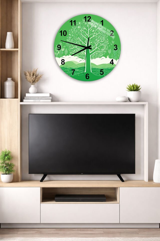 KIRILMAZ CAM DUVAR SAATİ, HEM TABLO HEM SAAT YEŞİL HAYAT AĞACI DOĞA TEMASI EV OFİS HEDİYESİ