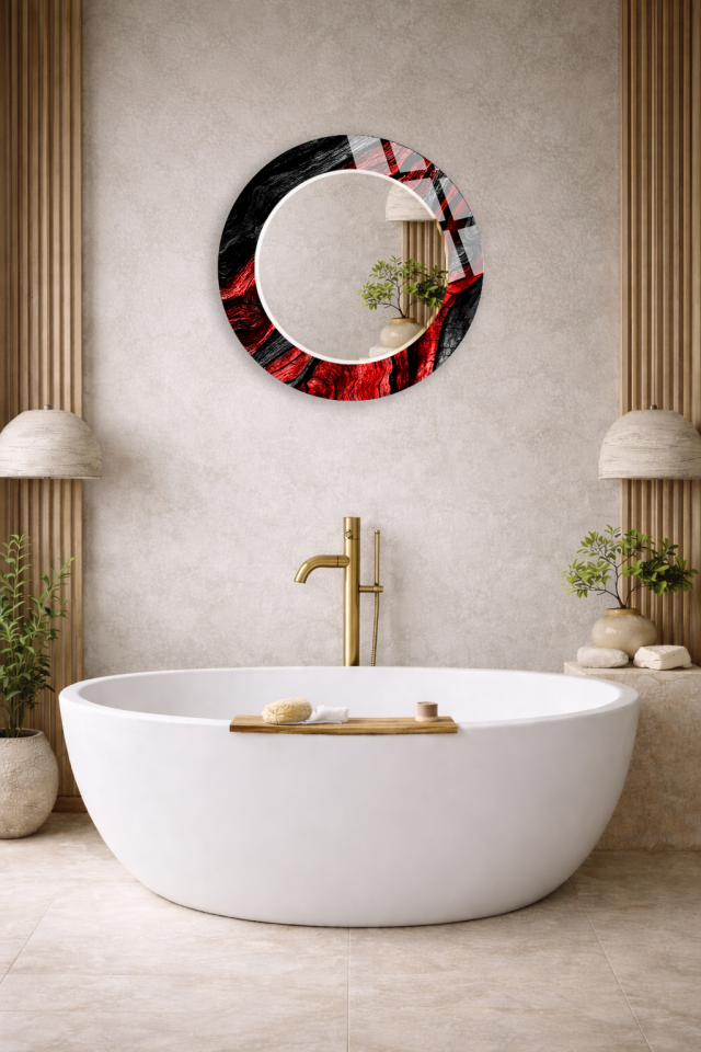 HEM TABLO HEM AYNA KIRMIZI SİYAH SOYUT IŞIK DESEN CAM DUVAR AYNASI EV DEKORU