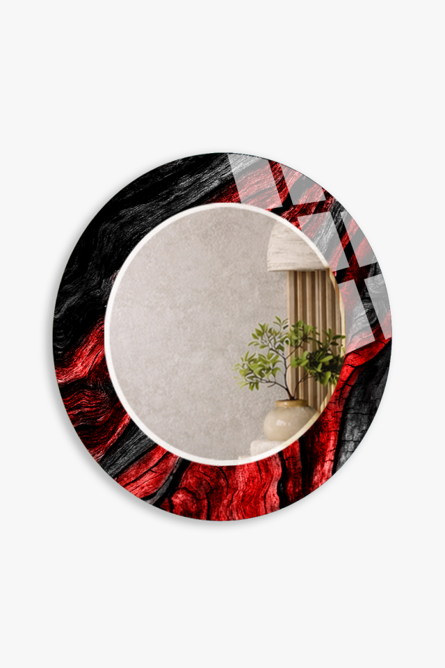 HEM TABLO HEM AYNA KIRMIZI SİYAH SOYUT IŞIK DESEN CAM DUVAR AYNASI EV DEKORU