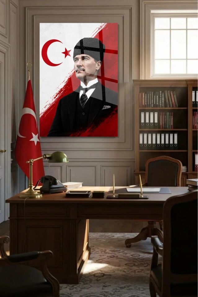 KIRILMAZ CAM TABLO MUSTAFA KEMAL ATATÜRK PORTRESİ TÜRK BAYRAKLI KIRMIZI BEYAZ OFİS DUVAR DEKORU