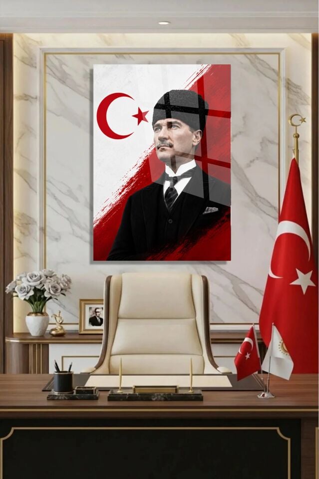 KIRILMAZ CAM TABLO MUSTAFA KEMAL ATATÜRK PORTRESİ TÜRK BAYRAKLI KIRMIZI BEYAZ OFİS DUVAR DEKORU