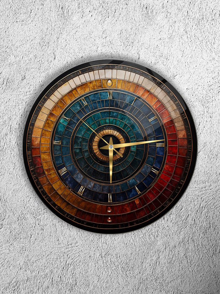 KIRILMAZ CAM DUVAR SAATİ, HEM TABLO HEM SAAT RENKLİ MOZAYİK KLASİK ROMA RAKAMLI EV OFİS HEDİYESİ