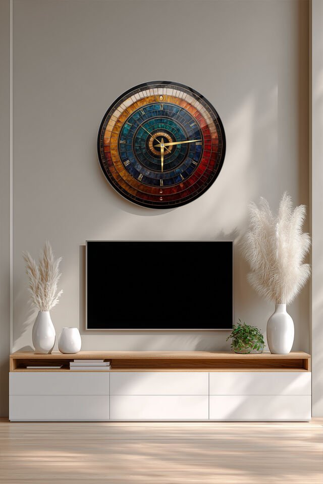 KIRILMAZ CAM DUVAR SAATİ, HEM TABLO HEM SAAT RENKLİ MOZAYİK KLASİK ROMA RAKAMLI EV OFİS HEDİYESİ