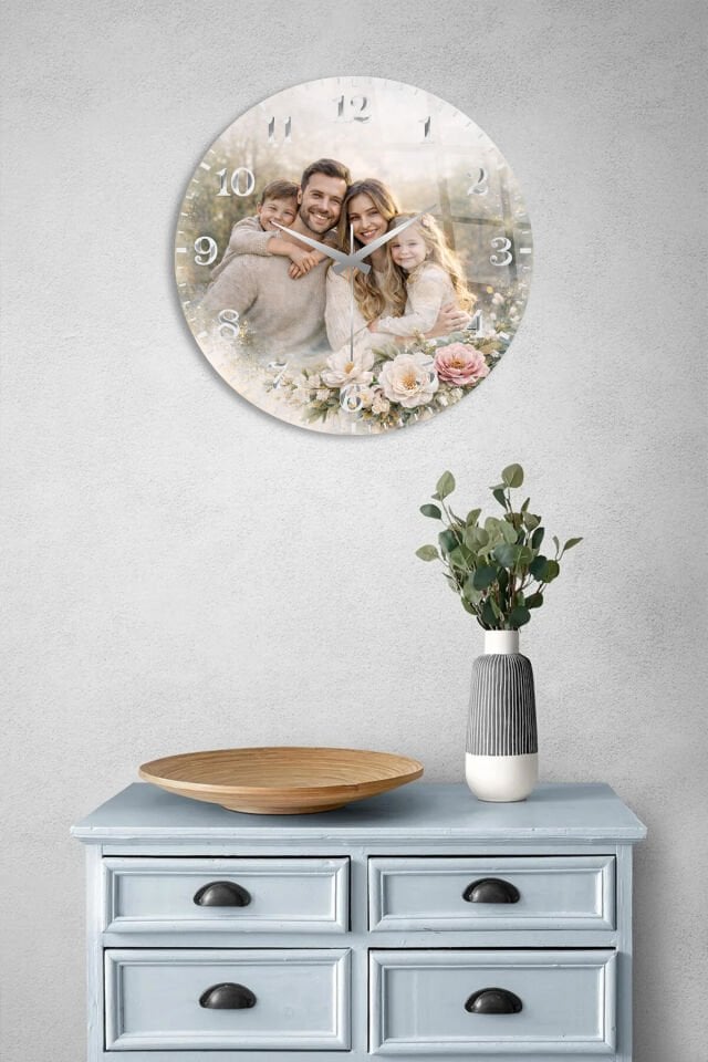 KİŞİYE ÖZEL MODERN YUVARLAK KIRILMAZ CAM SAAT LOGO BASKI, ÖZEL FOTOĞRAF BASKI EV HEDİYESİ SAAT