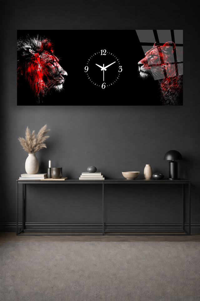 KIRILMAZ CAM DUVAR SAATİ , HEM TABLO HEM SAAT ASLAN FİGÜRLÜ TASARIM EV OFİS HEDİYESİ