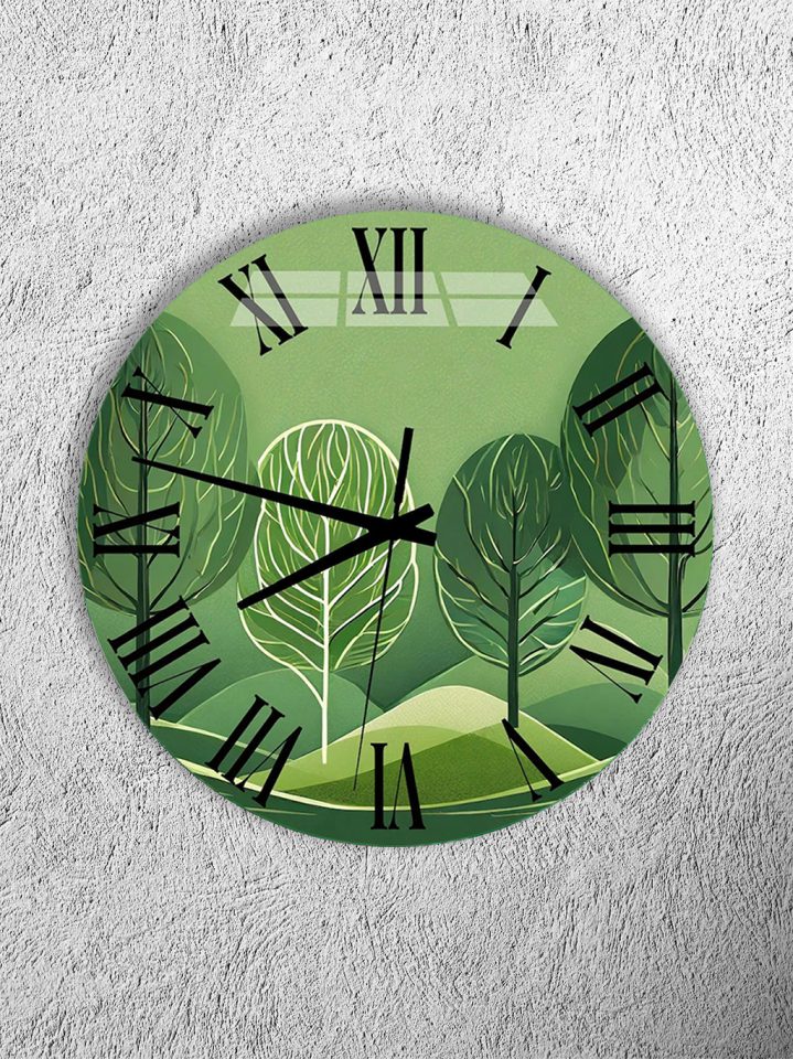 KIRILMAZ CAM DUVAR SAATİ, HEM TABLO HEM SAAT MİNİMAL YEŞİL AĞAÇ İLLÜSTRASYON EV OFİS HEDİYESİ