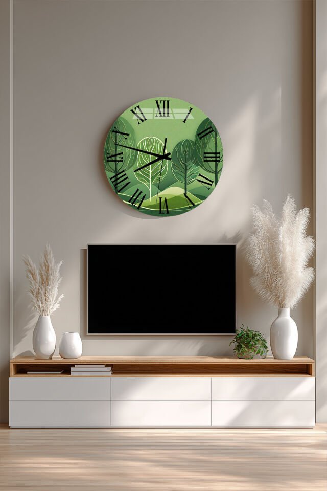 KIRILMAZ CAM DUVAR SAATİ, HEM TABLO HEM SAAT MİNİMAL YEŞİL AĞAÇ İLLÜSTRASYON EV OFİS HEDİYESİ