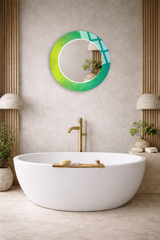 HEM TABLO HEM AYNA YEŞİL SARI RENK GEÇİŞİ DESEN CAM DUVAR AYNASI EV DEKORU