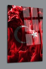 Dikey Türk Bayrağı Dumanlar İçinde Ay Yıldız Tasarımı Ofis İş Yeri Hediyesi Cam Tablo