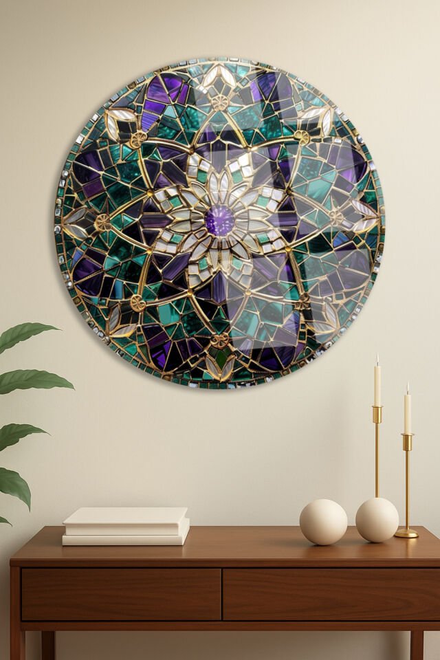 Altın Çerçeveli Mandala Çiçek Desenli Yuvarlak Kırılmaz Cam Tablo Modern Tablo Ev Hediyesi Tablo Mor