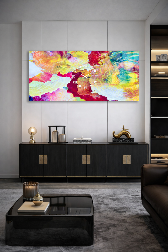 KIRILMAZ CAM DUVAR SAATİ , HEM TABLO HEM SAAT RENKLİ AKRİLİK SOYUT SANAT TASARIM EV OFİS HEDİYESİ