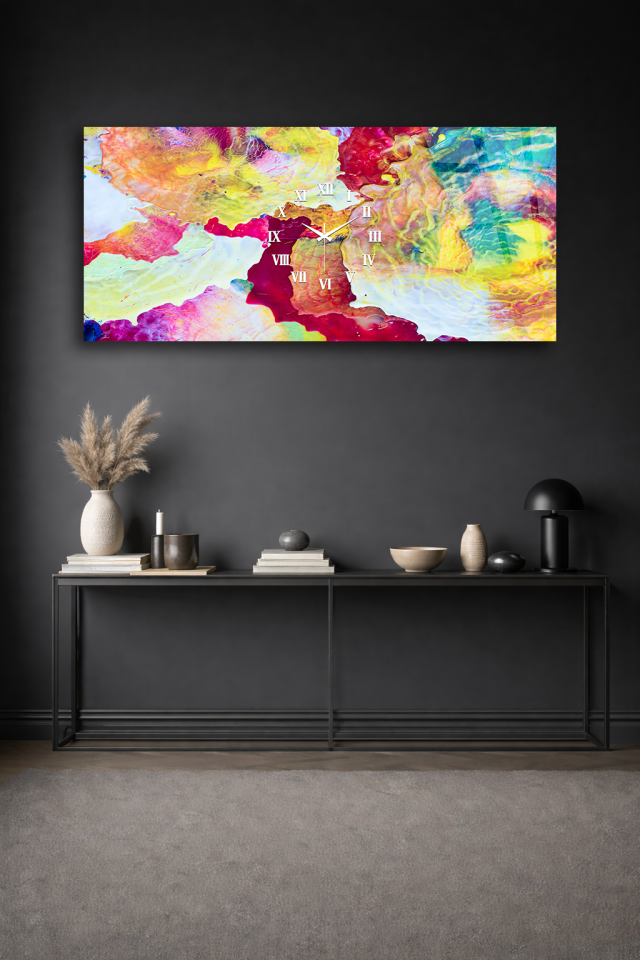 KIRILMAZ CAM DUVAR SAATİ , HEM TABLO HEM SAAT RENKLİ AKRİLİK SOYUT SANAT TASARIM EV OFİS HEDİYESİ