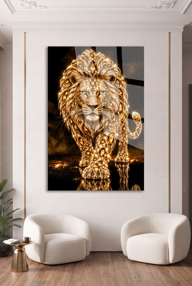ALTIN MÜCEVHERLİ YÜRÜYEN ASLAN FİGÜRLÜ DEKORATİF CAM TABLO EV OFİS HEDİYESİ
