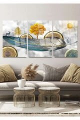 3 Lü Harika Doğa Tasarımı Gold Detaylı Cam Tablo Parçalı Tasarım Ev Hediyesi Salon İçin Tablo