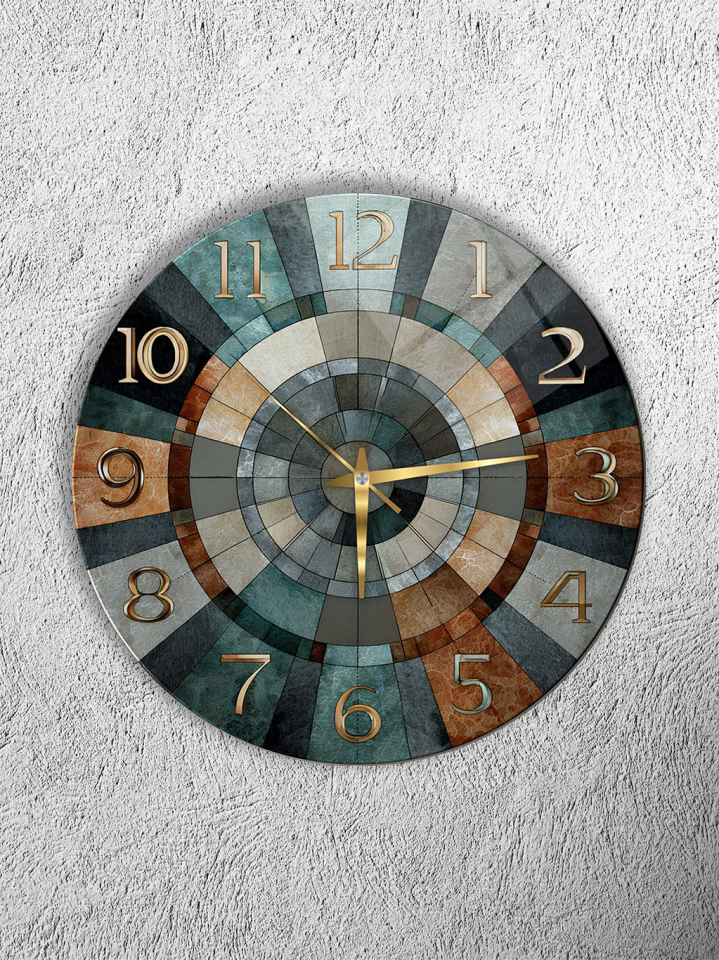 KIRILMAZ CAM DUVAR SAATİ, HEM TABLO HEM SAAT YEŞİL MAVİ MOZAİK DESEN MODERN EV OFİS HEDİYESİ