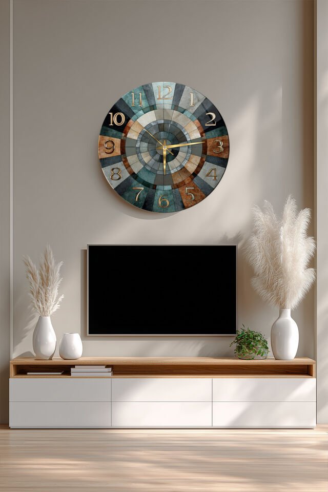 KIRILMAZ CAM DUVAR SAATİ, HEM TABLO HEM SAAT YEŞİL MAVİ MOZAİK DESEN MODERN EV OFİS HEDİYESİ