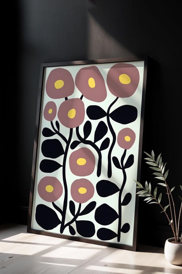 SİYAH - Botanik Serisi Gül Kurusu Çiçekli Matisse Doğal Ahşap Çerçeveli Duvar Tablosu