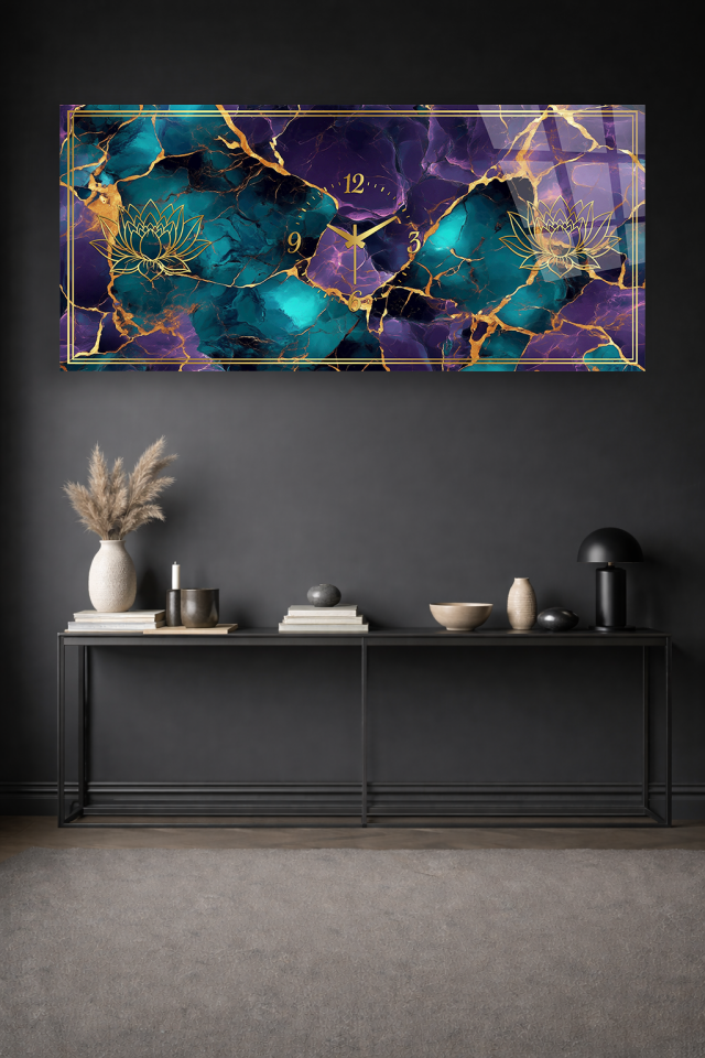 KIRILMAZ CAM DUVAR SAATİ , HEM TABLO HEM SAAT MERMER LOTUS GOLD DETAY EV OFİS HEDİYESİ