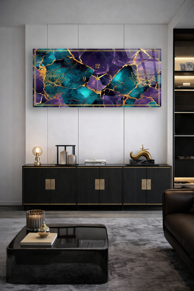 KIRILMAZ CAM DUVAR SAATİ , HEM TABLO HEM SAAT MERMER LOTUS GOLD DETAY EV OFİS HEDİYESİ