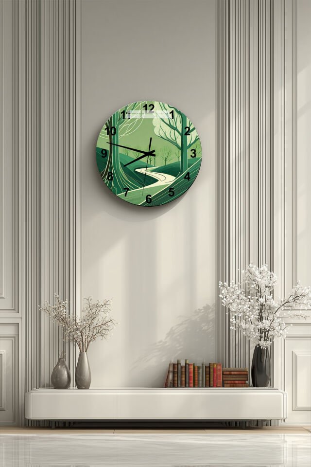 KIRILMAZ CAM DUVAR SAATİ, HEM TABLO HEM SAAT ORMAN YOLU DOĞA MANZARASI EV OFİS HEDİYESİ