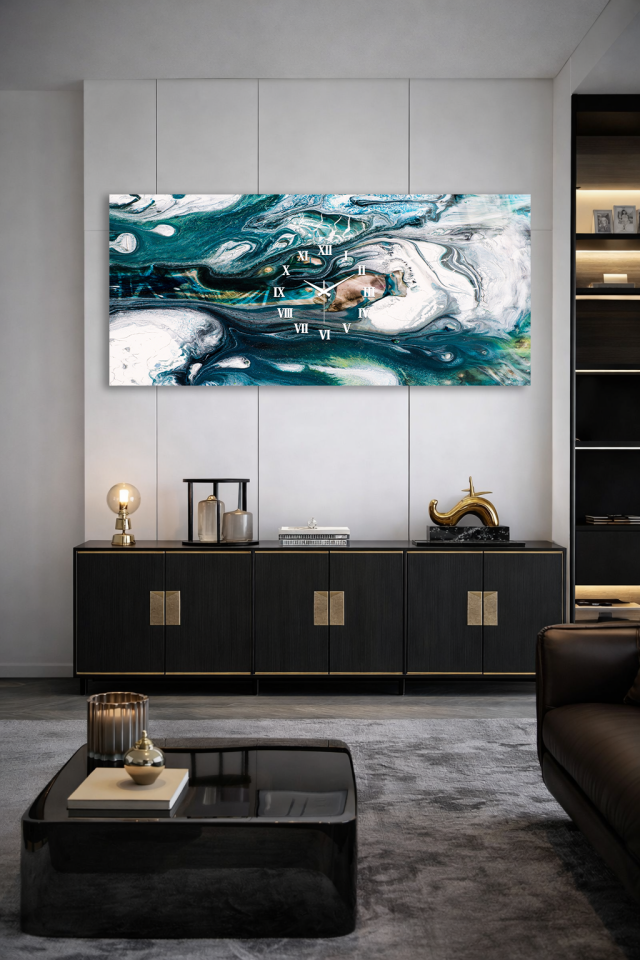 KIRILMAZ CAM DUVAR SAATİ , HEM TABLO HEM SAAT TURKUAZ MERMER DESENLİ MODERN TASARIM EV OFİS HEDİYESİ