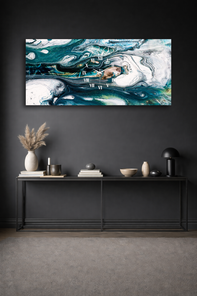 KIRILMAZ CAM DUVAR SAATİ , HEM TABLO HEM SAAT TURKUAZ MERMER DESENLİ MODERN TASARIM EV OFİS HEDİYESİ