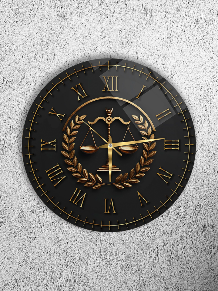 KIRILMAZ CAM DUVAR SAATİ, HEM TABLO HEM SAAT ADALET TERAZİSİ GOLD SİYAH KLASİK EV OFİS HEDİYESİ
