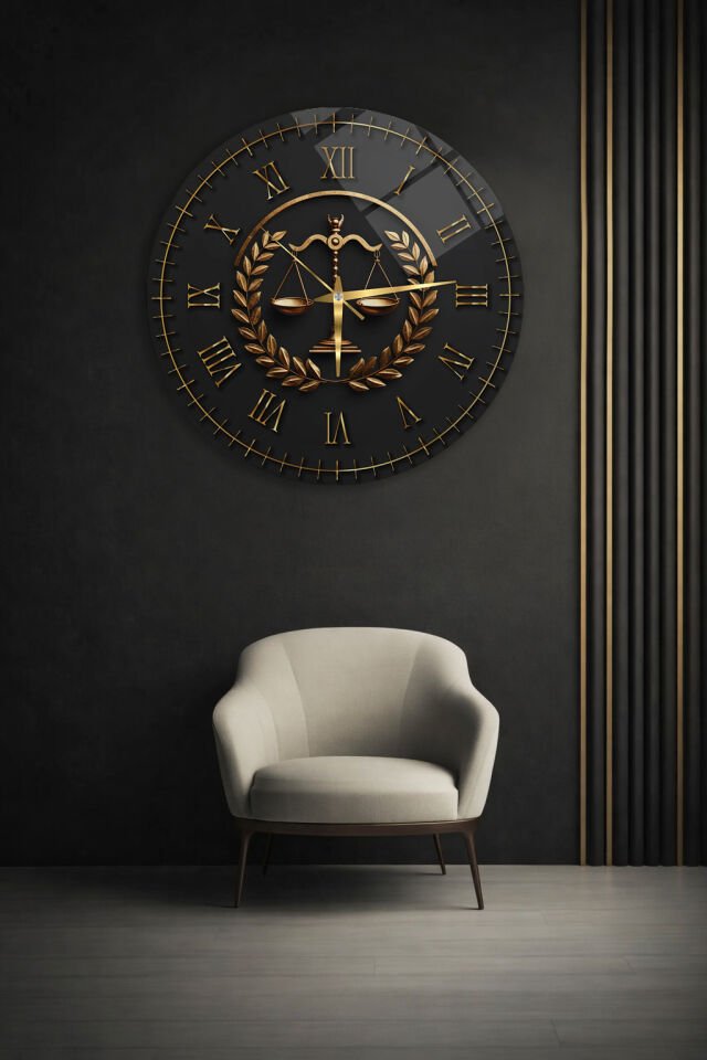 KIRILMAZ CAM DUVAR SAATİ, HEM TABLO HEM SAAT ADALET TERAZİSİ GOLD SİYAH KLASİK EV OFİS HEDİYESİ
