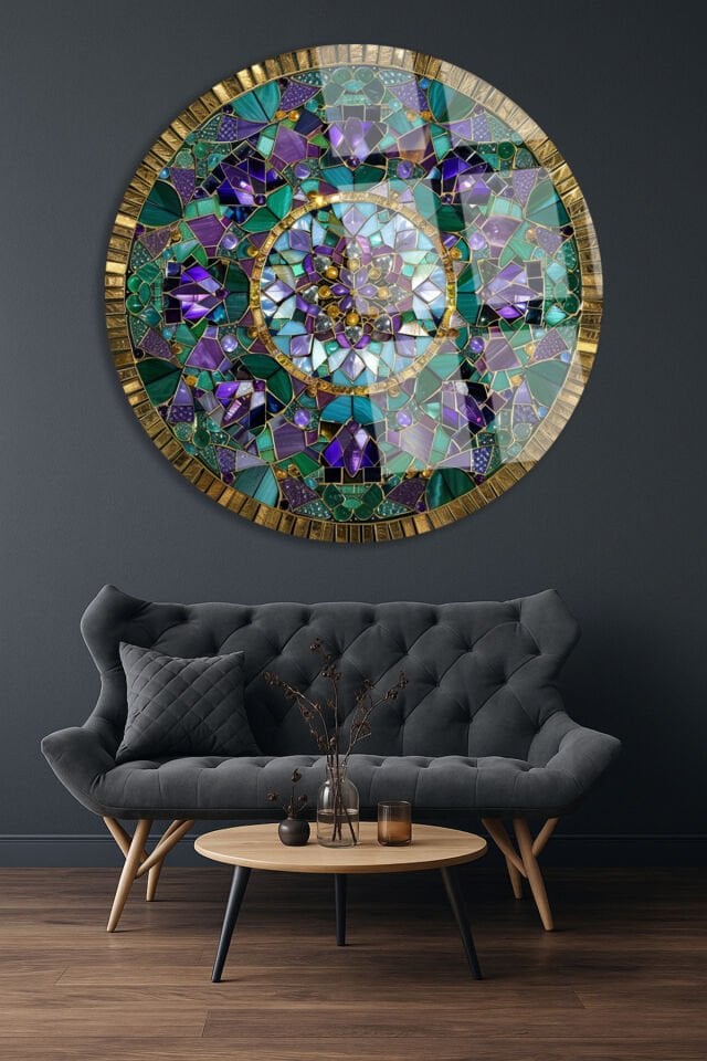 Vitray Cam Efektiyle Gösterişli Modern Yuvarlak Kırılmaz Cam Tablo Modern Tablo Lüks Hediye Mor