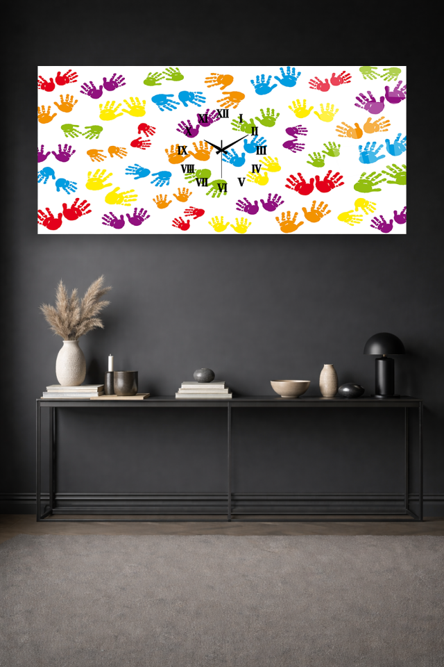 KIRILMAZ CAM DUVAR SAATİ , HEM TABLO HEM SAAT RENKLİ EL İZİ DESENLİ EV OFİS HEDİYESİ