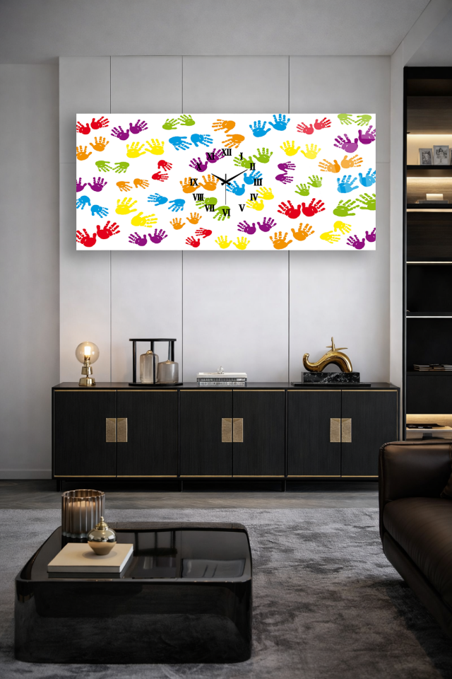 KIRILMAZ CAM DUVAR SAATİ , HEM TABLO HEM SAAT RENKLİ EL İZİ DESENLİ EV OFİS HEDİYESİ