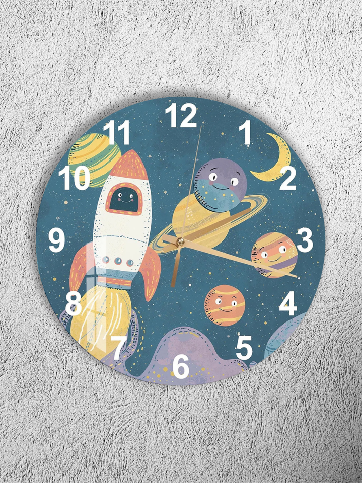KIRILMAZ CAM DUVAR SAATİ, HEM TABLO HEM SAAT ÇOCUK ODASI UZAY ROKET TEMASI EV OFİS HEDİYESİ