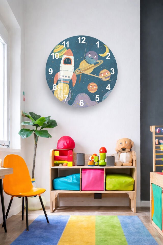 KIRILMAZ CAM DUVAR SAATİ, HEM TABLO HEM SAAT ÇOCUK ODASI UZAY ROKET TEMASI EV OFİS HEDİYESİ