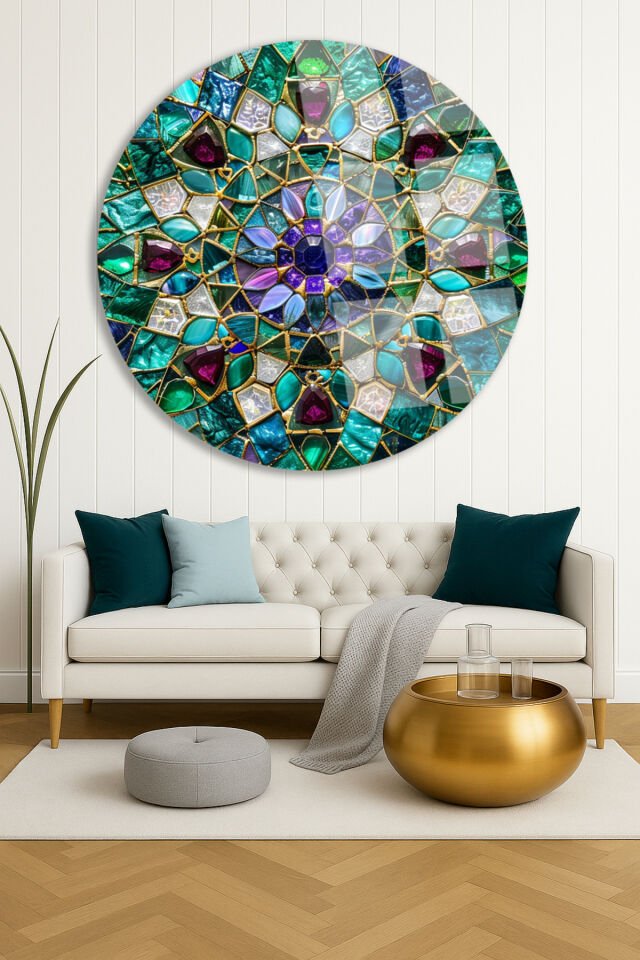 Zümrüt ve Yakut Taş Efektli Mozaik Desenli Yuvarlak Kırılmaz Cam Tablo Modern Tablo Lüks Hediye Mavi