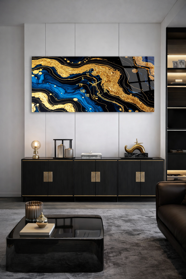 KIRILMAZ CAM DUVAR SAATİ , HEM TABLO HEM SAAT LACİVERT ALTIN MERMER LÜKS TASARIM EV OFİS HEDİYESİ