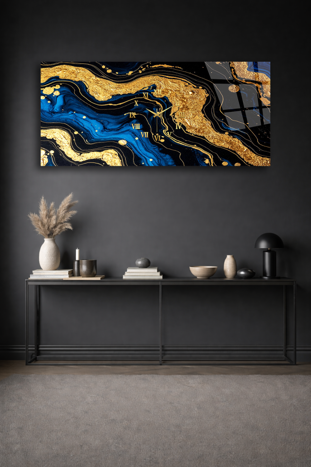 KIRILMAZ CAM DUVAR SAATİ , HEM TABLO HEM SAAT LACİVERT ALTIN MERMER LÜKS TASARIM EV OFİS HEDİYESİ