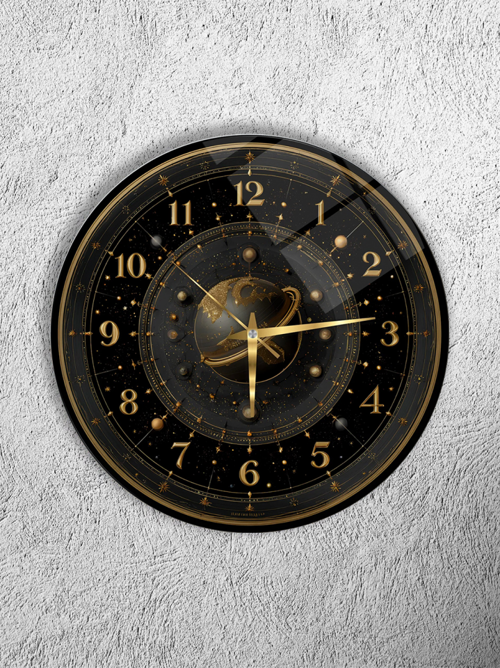 KIRILMAZ CAM DUVAR SAATİ, HEM TABLO HEM SAAT GALAKSİ VE GEZEGEN TEMALI GOLD DETAYLI EV OFİS HEDİYESİ