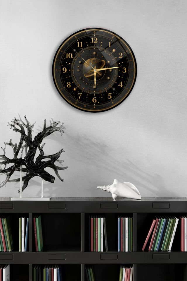KIRILMAZ CAM DUVAR SAATİ, HEM TABLO HEM SAAT GALAKSİ VE GEZEGEN TEMALI GOLD DETAYLI EV OFİS HEDİYESİ