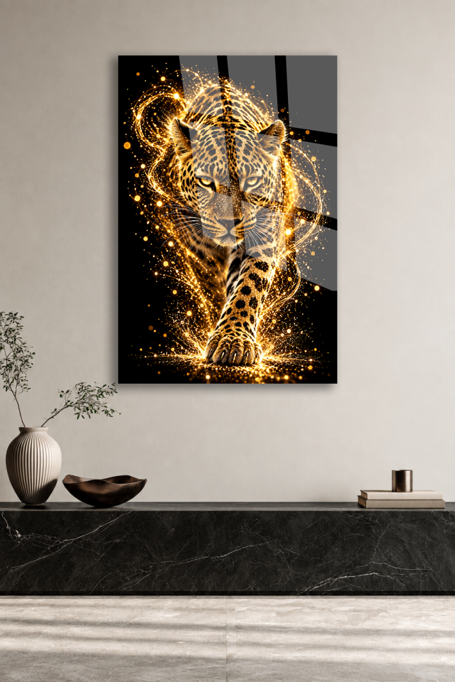ALTIN IŞILTILI YÜRÜYEN LEOPAR FİGÜRLÜ DEKORATİF CAM TABLO EV OFİS HEDİYESİ