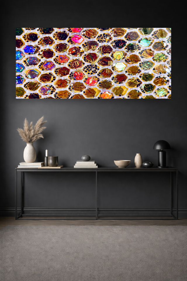 KIRILMAZ CAM DUVAR SAATİ , HEM TABLO HEM SAAT ALTIN PETEK DOKU TASARIM EV OFİS HEDİYESİ