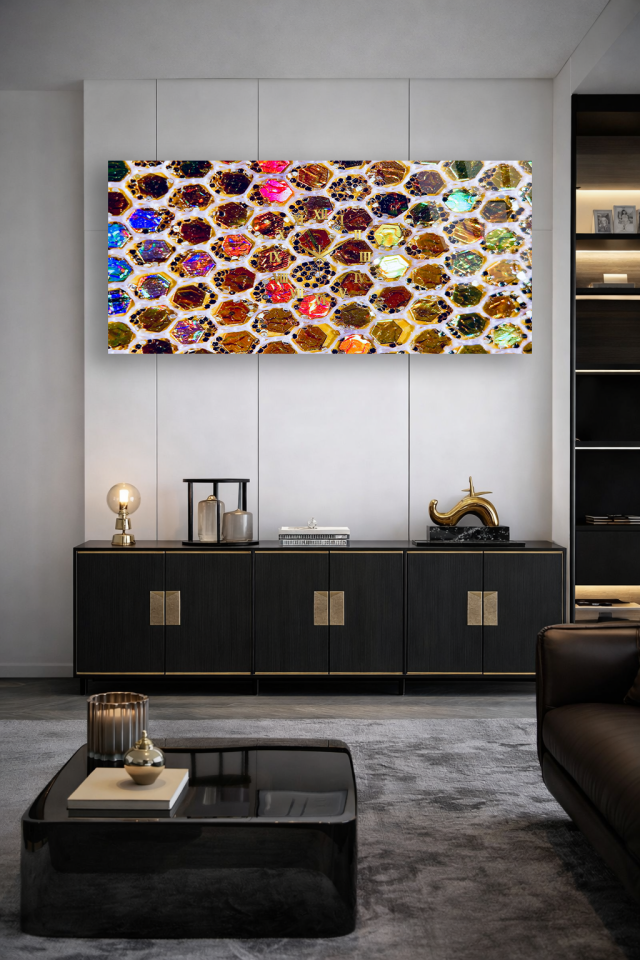 KIRILMAZ CAM DUVAR SAATİ , HEM TABLO HEM SAAT ALTIN PETEK DOKU TASARIM EV OFİS HEDİYESİ